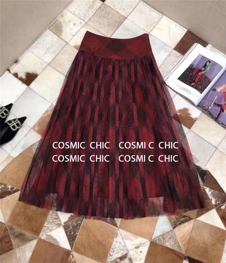 Cosmicchic, Женский Осенний Блейзер, юбка, комплект из 2 предметов, шерстяная куртка с длинными рукавами и поясом, красная клетчатая сетчатая юбка, Плиссированные Юбки-миди, костюм