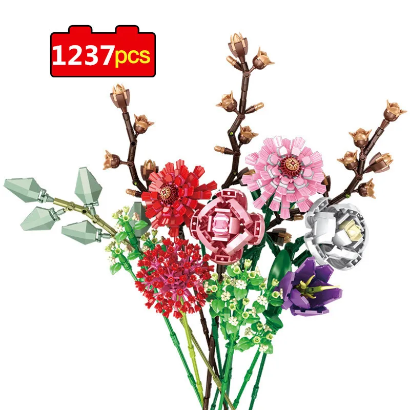 

1237PCS Flower Bouquet Building Block Bricks Romantic Rose Flower Block Bricks DIY Potted Home Decoration Kids Toys Xmas Gifts