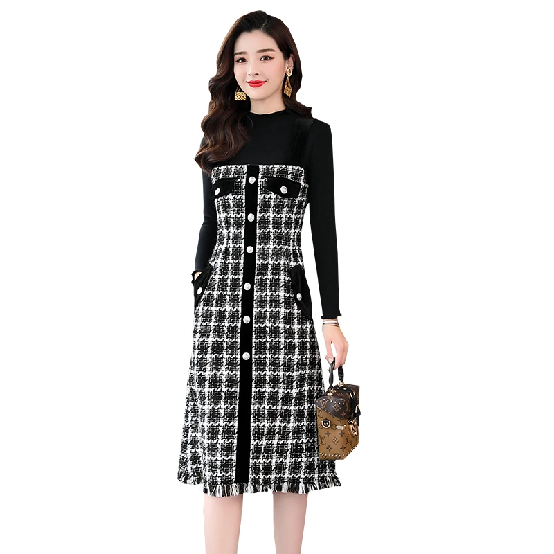 Винтажное женское клетчатое платье комплект 2019 Осень зима твидовое с кисточками