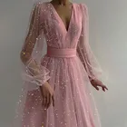 Женское вечернее платье, Сетчатое белое платье с V-образным вырезом, длинными рукавами-фонариками, на молнии, с поясом, блестящее, для вечерние, на лето, 2021