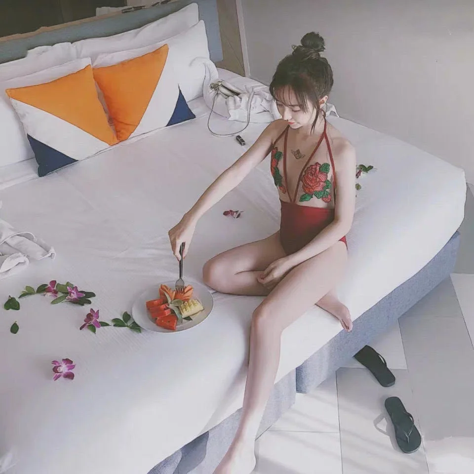 

Ins net red transparent sexy rose embroidery big backless deep V swimsuit red one-piece beach swimsuit women
