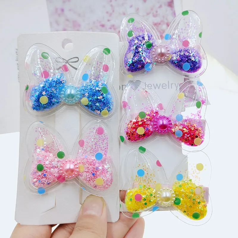 

5PCS Girl cute quicksand bow hairpin hair accessories Classic cartoon bow hair clips New arrival clear glitter bow barrette