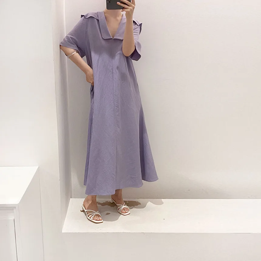 

Women Dress 2021 Summer Korean Chic Ladies Minimalist Vintage Navy Collar Design Loose Casual Solid Color Vestidos