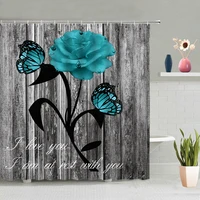 vintage wooden board flower shower curtain sunflower red blue rose green leaves plants butterfly bathtub decor screen washable
