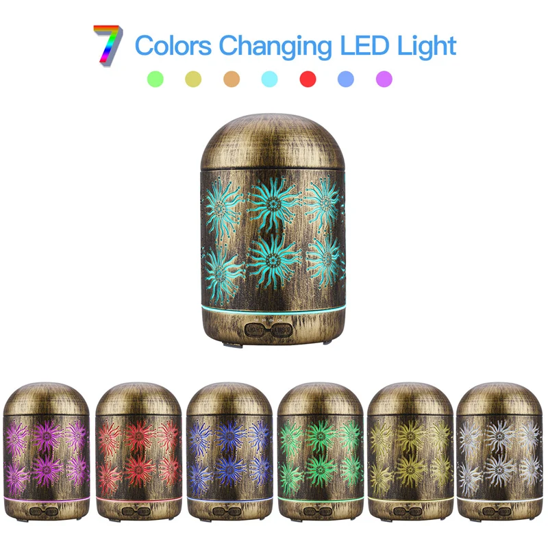 

Metal Aromatherapy Machines 300ml Essential Oils Diffuser Air Humidifier 7 Colors Night Light Auto Shut Off Timer Office Bedroom