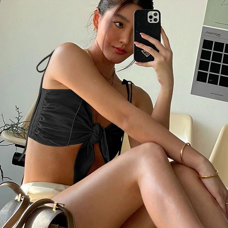 

Summer Womenâ€™s Sexy Fashion V-neck Solid Color Camisole Ladies Lace-Up Suspender Tops Dating Party Beachwear