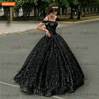 glitter black evening gowns long 2021 lace up robe de soiree off shoulder sequins ball gown women dresses sexy vestidos de noite