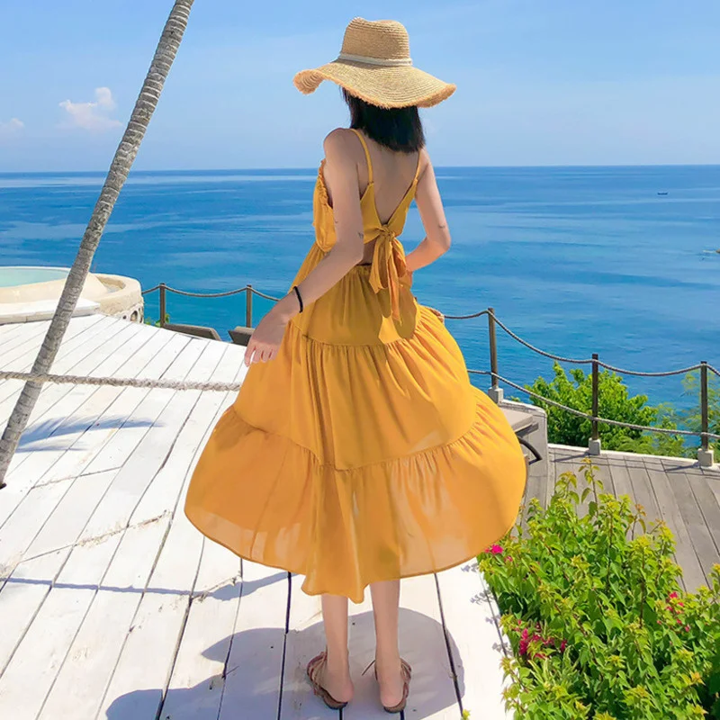 

Шифоновое желтое платье на бретелях, сказочное темпераментное платье с бантом, завышенной талией и открытой спиной, Пляжная праздничная од...