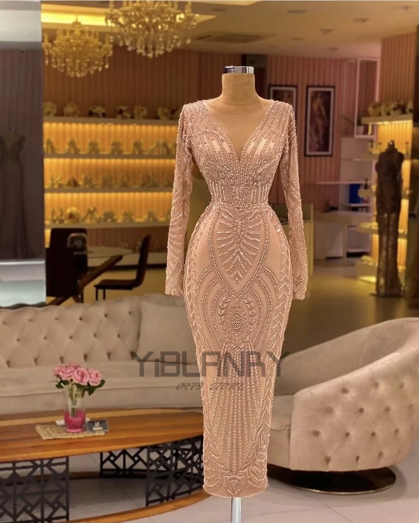 

YILIBER Evening dresses 2021 vintage vlack pearls long sleeves evening gowns beading prom dresses for women short dresses