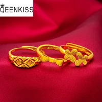 qeenkiss rg582 2021 fine jewelry wholesale fashion woman girl birthday wedding gift flower butterfly 24kt gold resizable ring