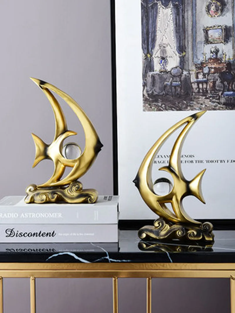 

A Pair Of Goldfish Crafts Creative Resin Ornaments Riding The Wind And Waves Fish TV Cabinet Home Desktop Decoration Gifts