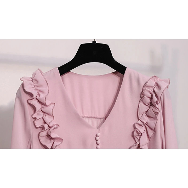 

Chiffon Blouses Women 2019 Autumn Fashion Long Sleeve V-neck Pink Shirt Office Blouse Casual Tops Female Plus Size 6984 50
