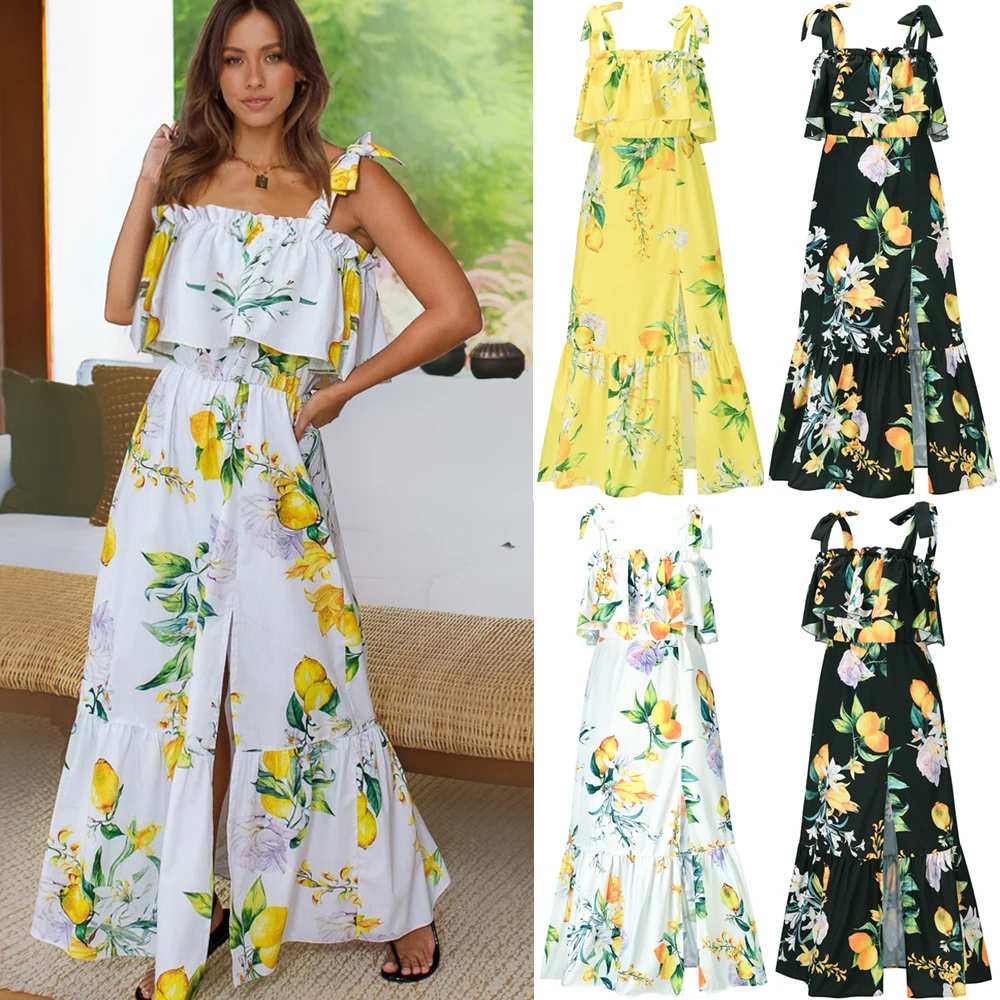 

2022 New Women Summer Long Dress Floral Sleeveless Slash Neck Ankle-Length Casual Wear Night Part Dress Clothes Beachwear