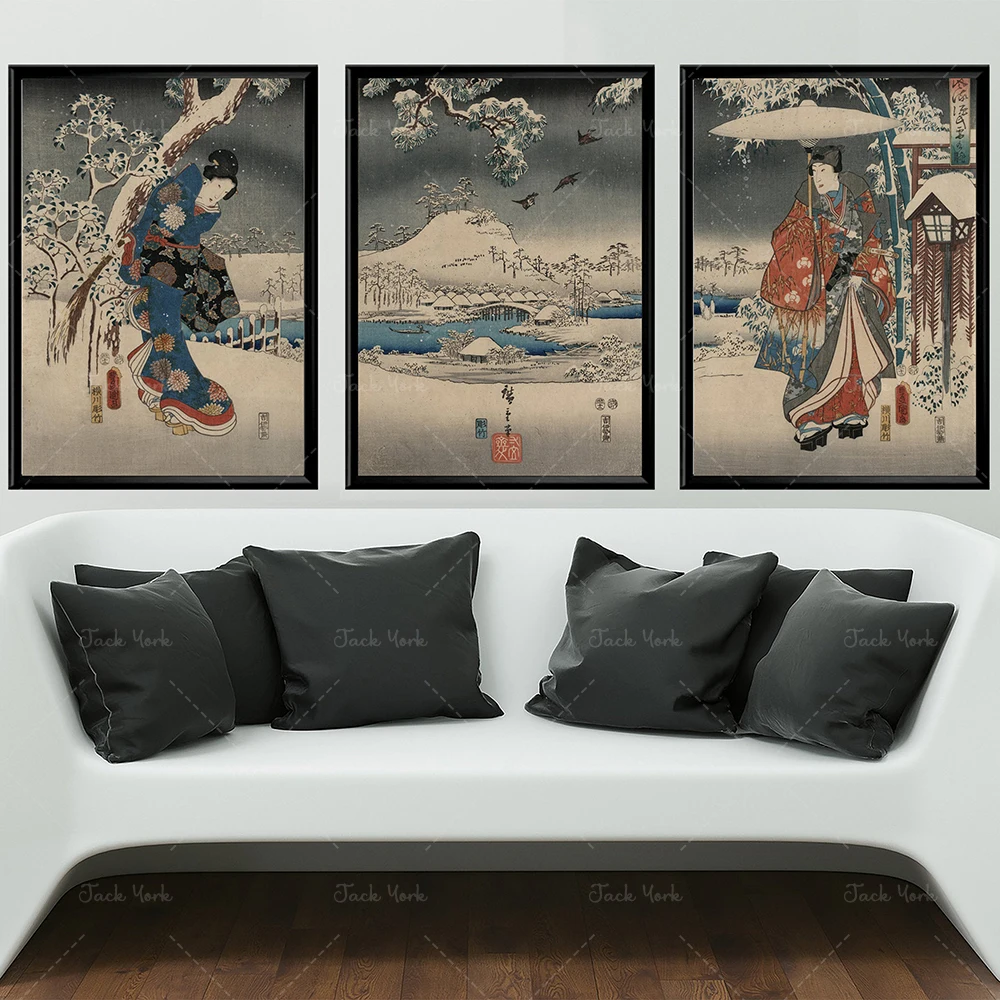 

Moonlit Triptych Japanese Art Vintage Japanese Winter Wall Posters Night Japanese Ukiyo-e Prints Antique Snowy Scenery Painting