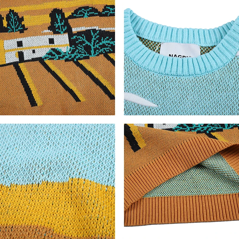 

Winter New Sweater Casual Home Stay Style Sweater Men's Japanese The Field Scenery Print Loose Sweater