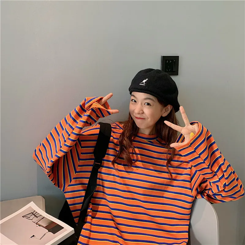 

Korean Clothing Kawaii Candy Color Striped Long-Sleeved T-Shirt For Girls Harajuku Sweet Friends School Clothes Gothic y2k Tops