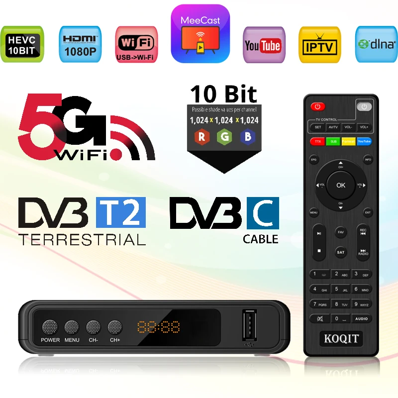 Koqit 5G DVB T2 тюнер HEVC Европа декодер Италия C H265 10 бит цифровой наземный IP ТВ