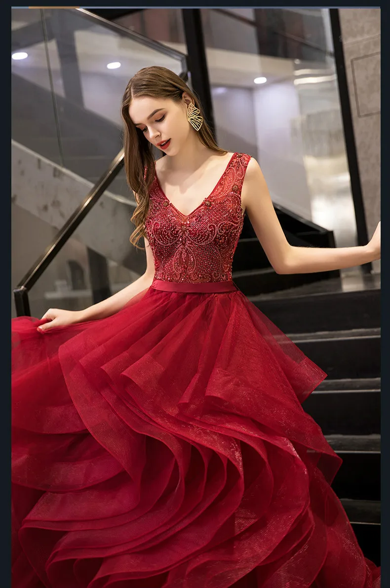 Элегантное бальное платье бордового цвета вечерние платья с бисером и оборками