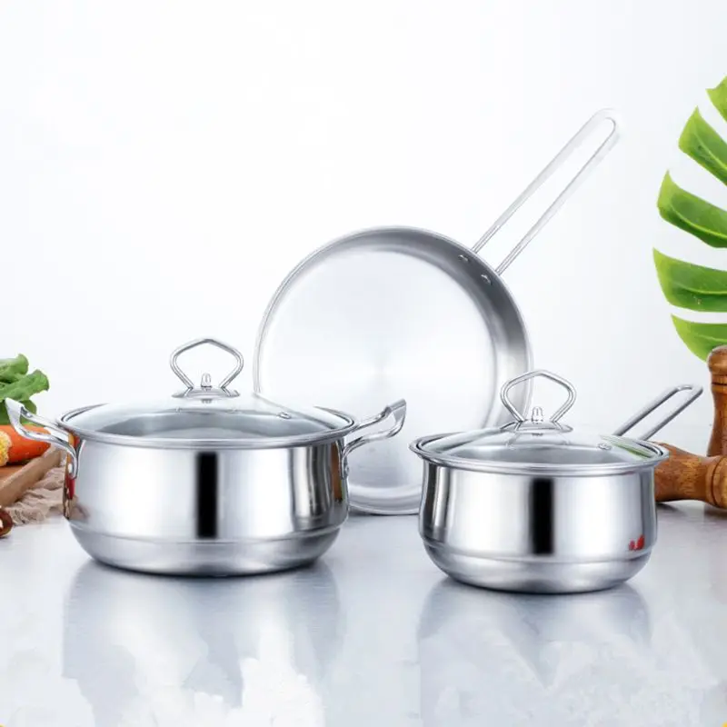 

3pcs/set Stainless Steel Cookware Set Flat Bottom Frying Pan Soup Pot Milk Pot Kit Induction Cooker Cooking Pan for Home 97QD