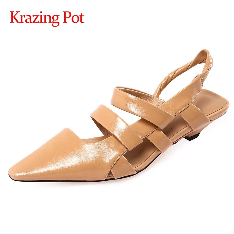 

Krazing pot genuine leather pointed toe med heels strange style streetwear Korean girl slip on summer mules sandals women L71