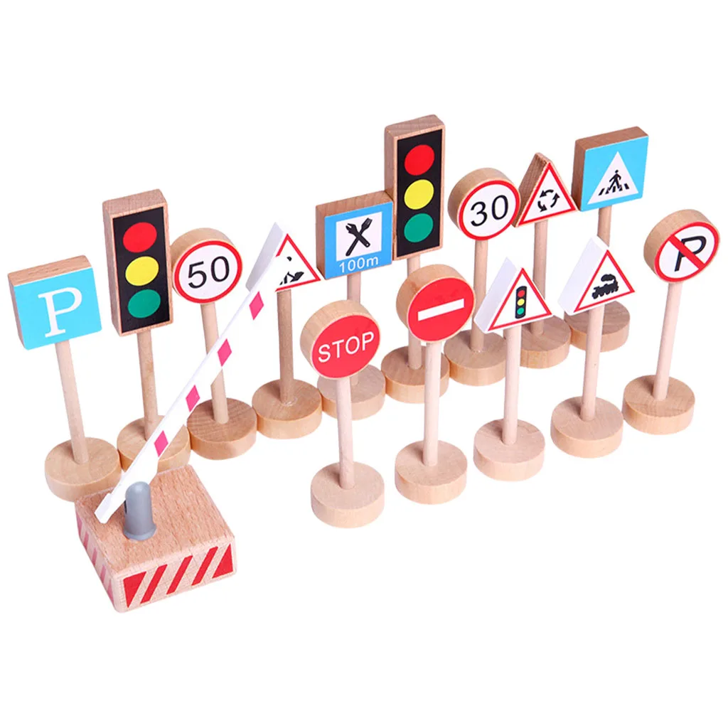 

15/Set Wood Road Sign Signal Lights Practical Skills Learning Early Education Kids Birthday Preschool Toy Gift for 2 3 Years Old