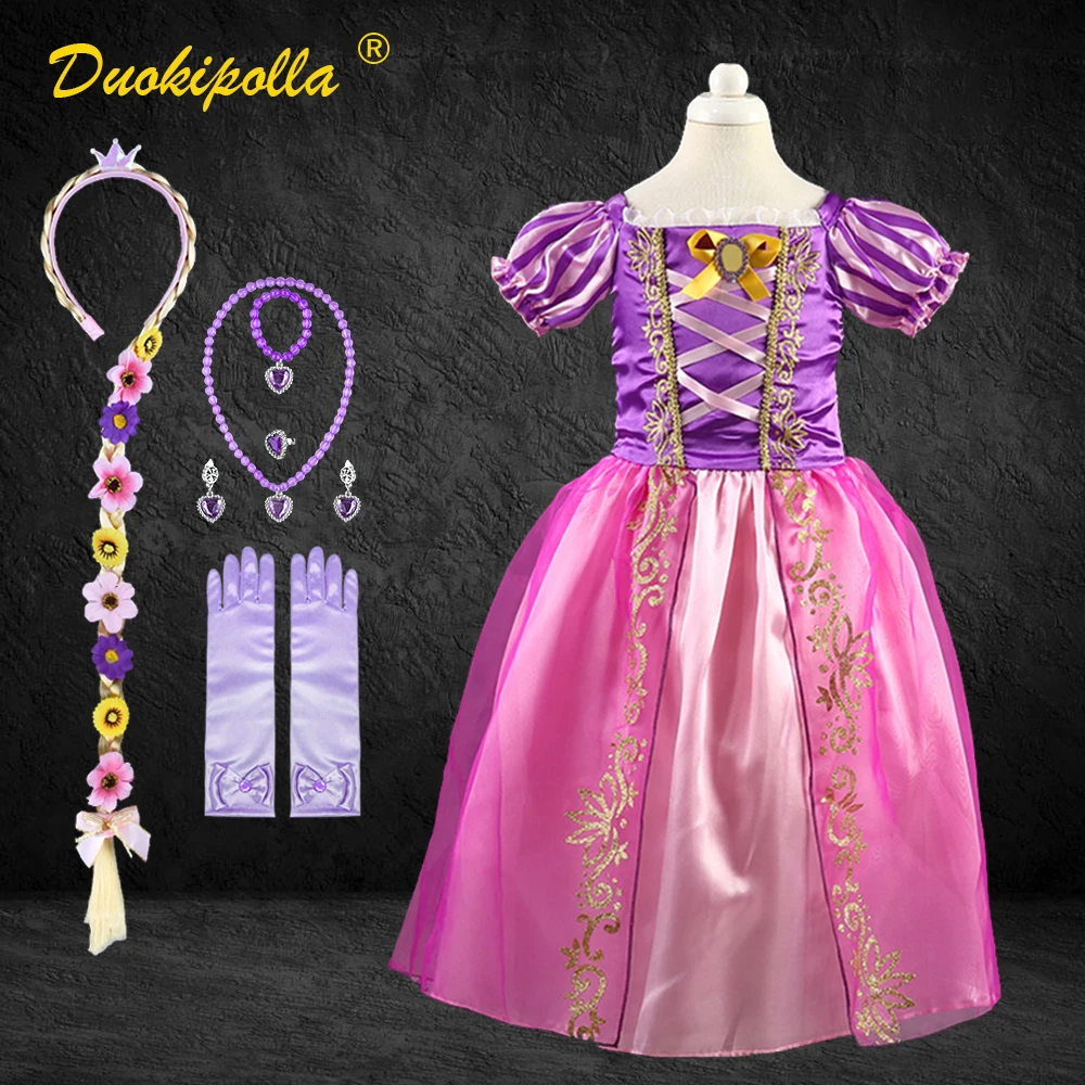 

Toddler Girl Classic Tangled Rapunzel Dress Flower Rapunzel Wig for Children Sofia Dress Up Tangled Costume Summer Fairy Frocks