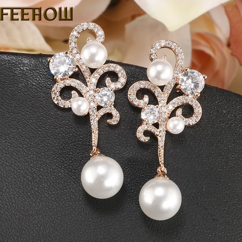 FEEHOW Великолепные блестящие висячие серьги с искусственным жемчугом и цветком