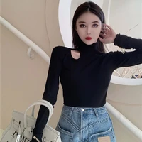 hollowed out and leaky clavicle sexy bottoming t shirt woman tshirts autumn and winter high neck slim fit t shirt women clothing