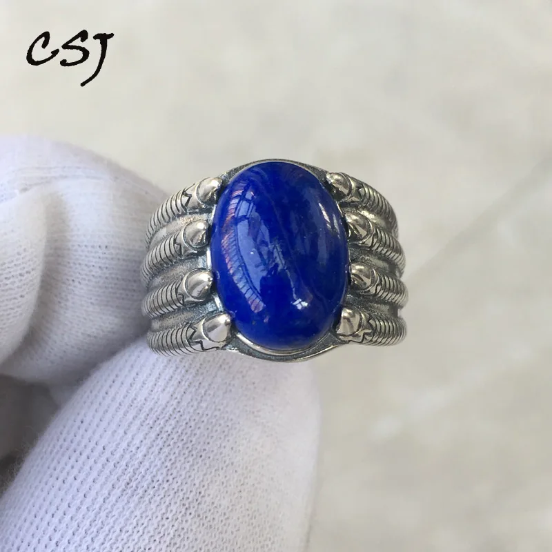 

CSJ Vintage natural Lapis lazuli Rings Sterling 925 Silver Oval10*14mm fine jewelry Wedding Party for Women Lady Girl Gift box
