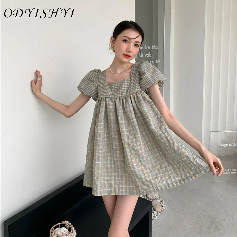 

Female Puff Sleeve Square Collar Plaid Mini Dress Women Summer Sweet Vintage Loose Dresses Ladies New Fashion Vestidos ML300