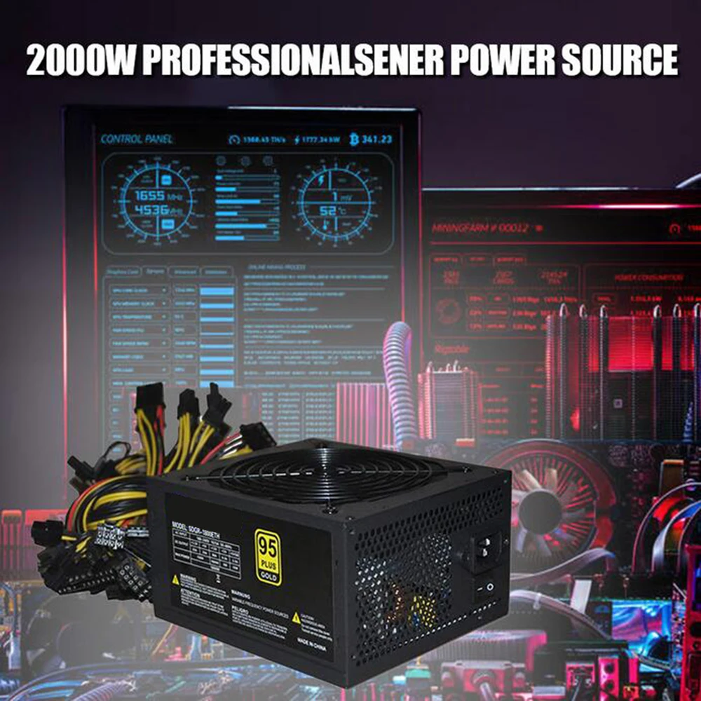 

Max Up to 2000W Miner Power Supply 95% High Efficiency AC 180-260V ATX Mining Power Source Support 8 CPU Card