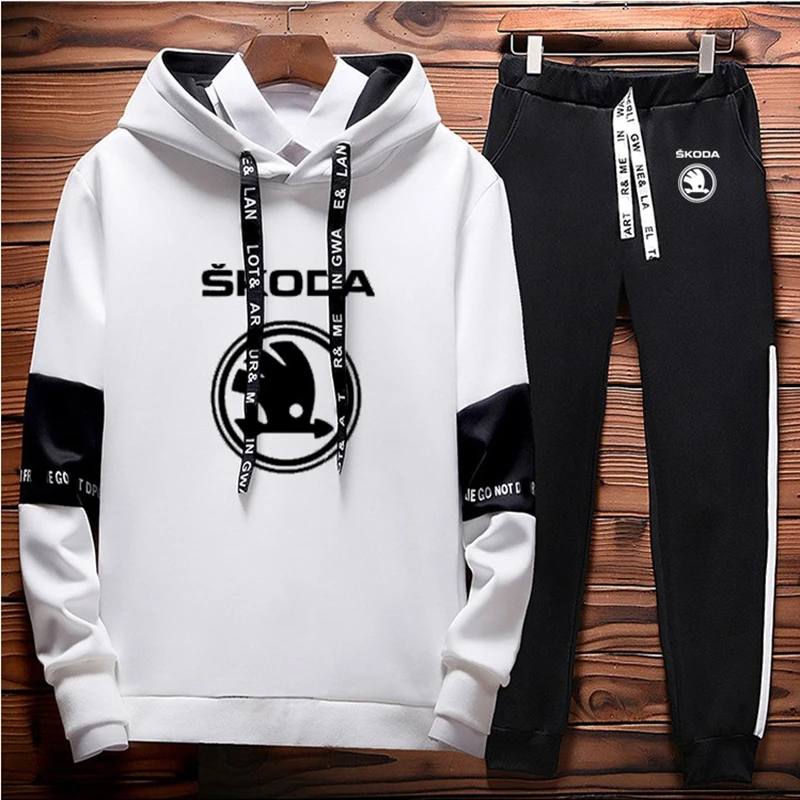 

Spring Autumn Colorblock Men pullover Skoda Car Logo Printing Casual Sweatshirt High Quality Cotton Men Hooded pants 2 piece set