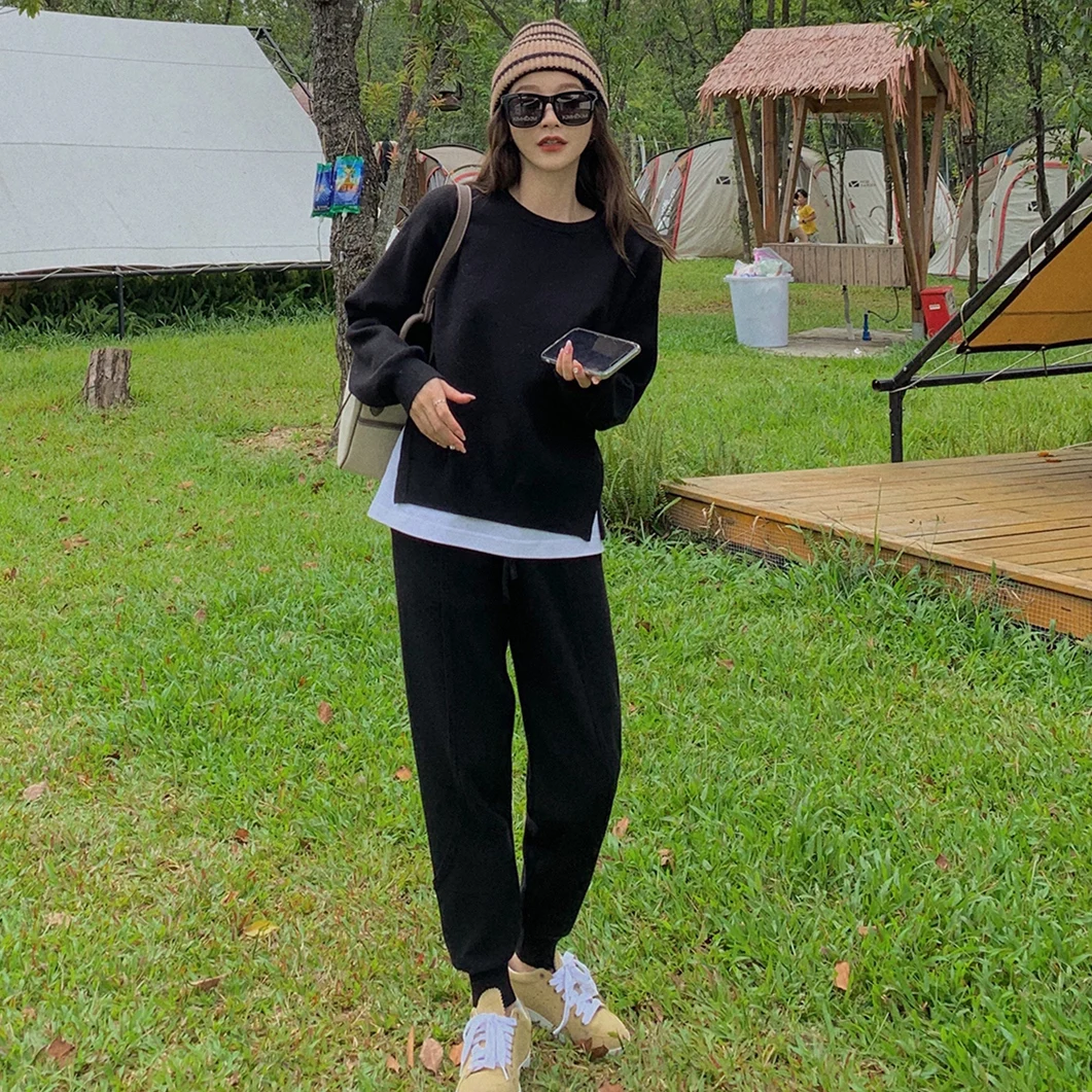 

Harajuku Style Women Autumn Spring Causal Sweater Pullovers Elastic Fashion Waist Harem Pants Female 2 Pieces Knitted Set