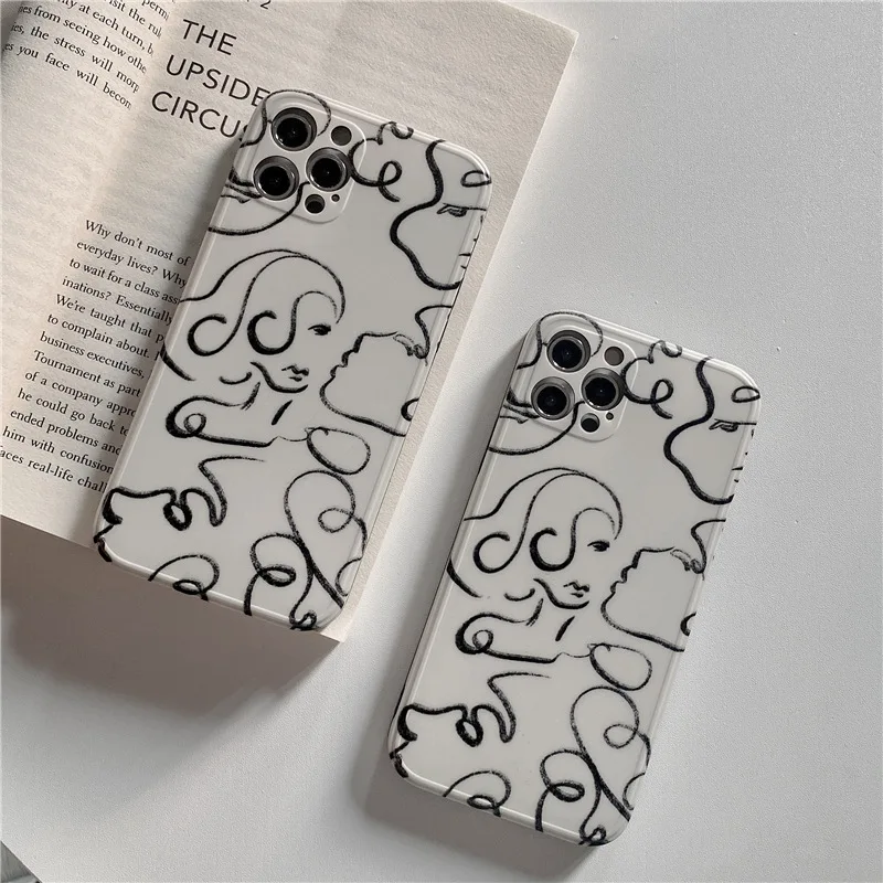 

Retro ink line girls profile sweet kiss art Phone Case For iPhone 11 12 Pro Max Xr Xs Max 7 8 Plus X 7Plus case Cute Soft Cover