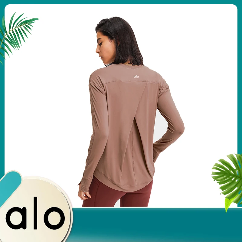 

Новинка 2021, женские футболки для бега Alo Yoga с длинным рукавом, футболки для йоги, однотонные спортивные рубашки, быстросохнущие кроп-топы для...