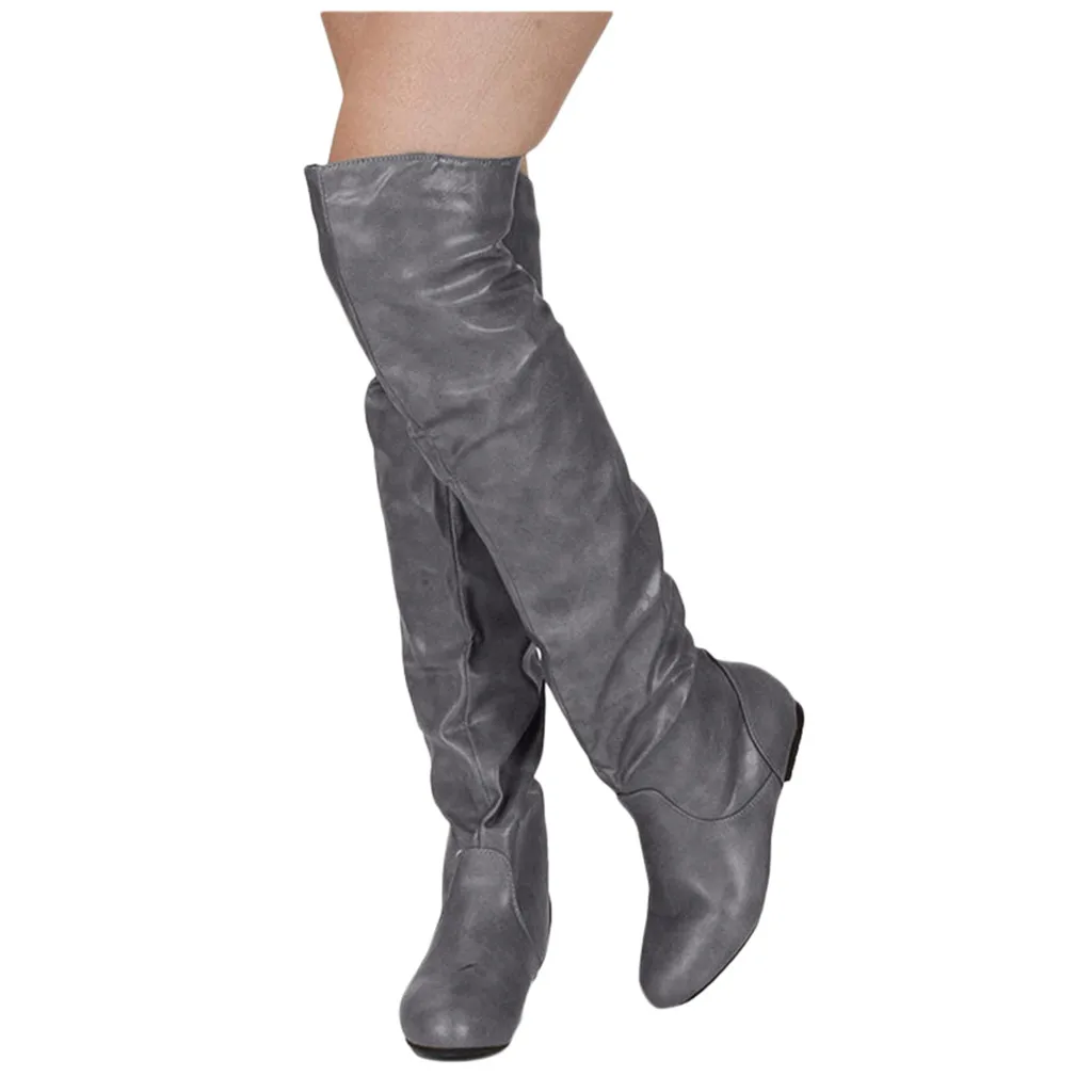 Модная женская кожаная обувь высокие рыцарские Сапоги выше колена с круглым