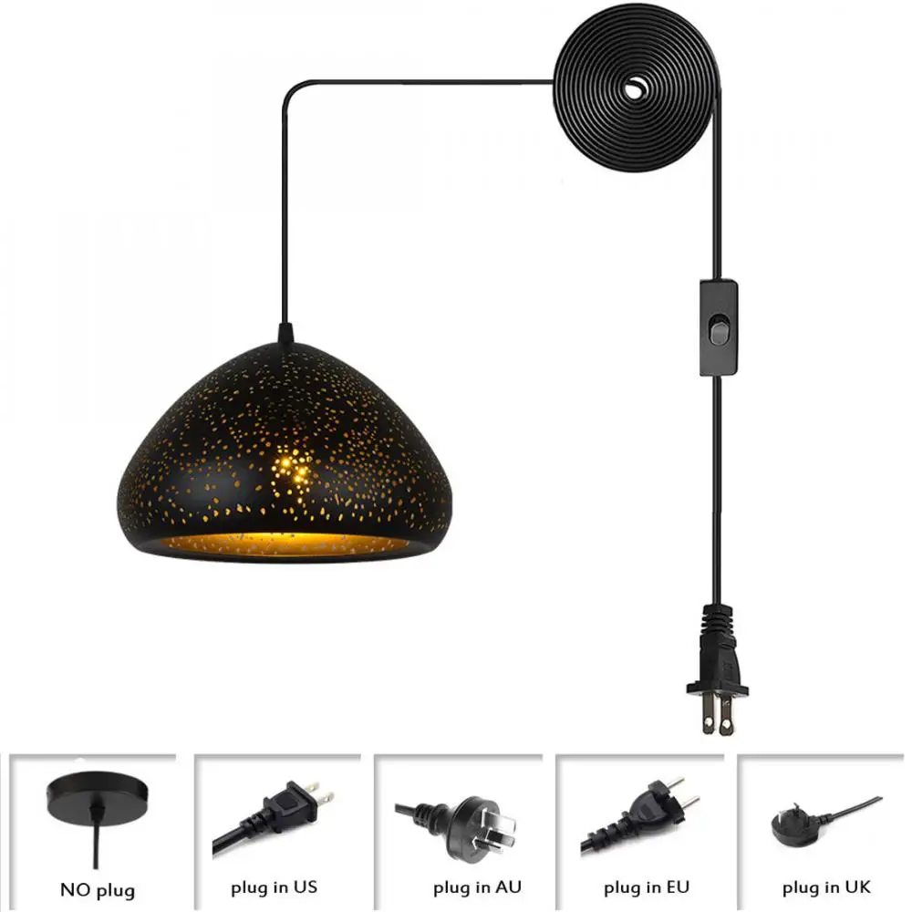 

Подключаемая ретро люстра из кованого железа в стиле индастриал черная 1 лампа Регулируемая Подвесная лампа с абажуром с резным отверстием