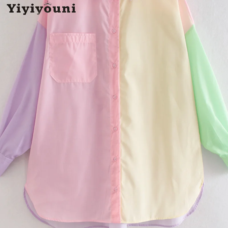 

Yiyiyouni Oversized Color Patchwork Cotton Shirts Women Turn-down Collar Long Sleeve Blouse Women Spring Korean Fashion Shirts