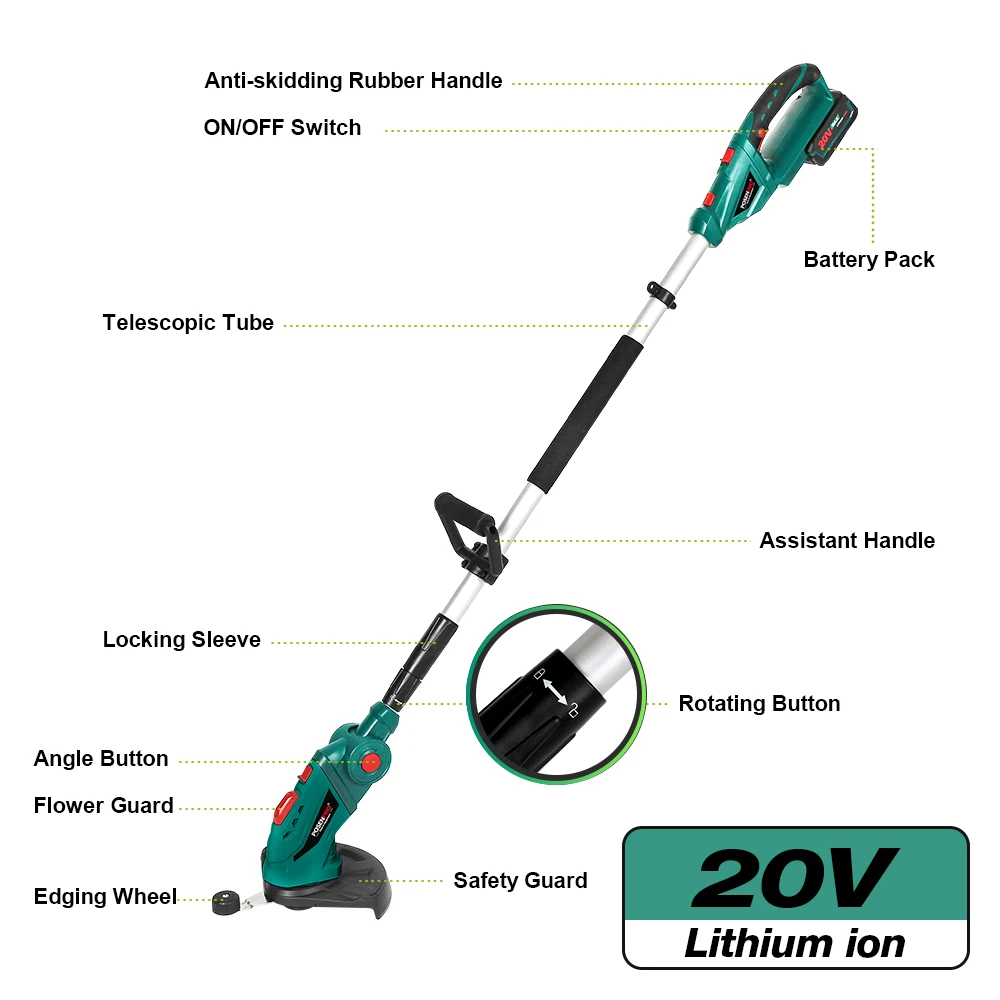 POSENPRO 20V Grass Trimmer 2000mAh Batteries Tap Spool Household Grass Cutter Cordless Grass Trimmer Replacement Trimmer Head