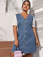sundress vintage short puff sleeve buttons denim dress women sexy square collar fashion casual party vestidos female