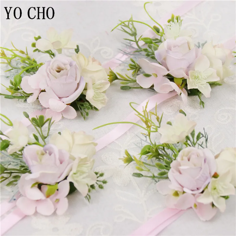 YO CHO Silk Rose Wedding Corsages and Bridal Brooches Groom Boutonniere Buttonhole Man Marriage Corsage Bracelet Flowers | Дом и сад