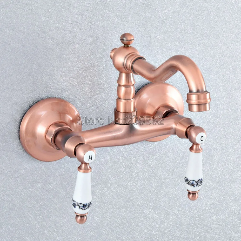 

Antique Red Copper Bathroom Kitchen Sink Basin Faucet Mixer Tap Swivel Spout Wall Mounted Dual Ceramic Handles Lsf893