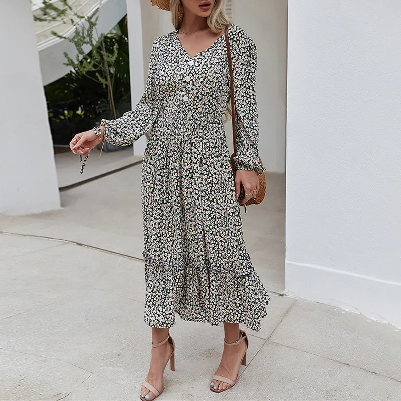 

Women Casual V Neck Button Full Sleeve Floral Dress for Woman High Wasit Summer Dresses 2021 Spring New Long Print Dress