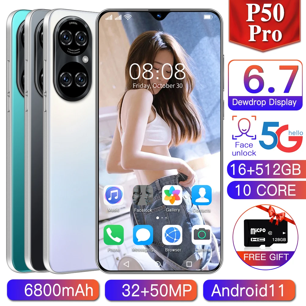 

New Arrival Global Version P50 Pro Free Gift Big Screen 16GB 512GB Android11.0 Snapdragon 999 Face ID 6800MAH Mobile Phone