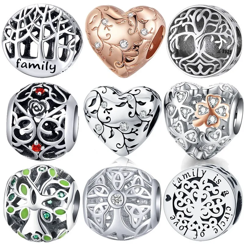 

BISAER 925 Sterling Silver Tree Of Life Charm Clear Green CZ Beads Fit Bracelets DIY Jewelry Making Silver 925 Jewelry ECC919