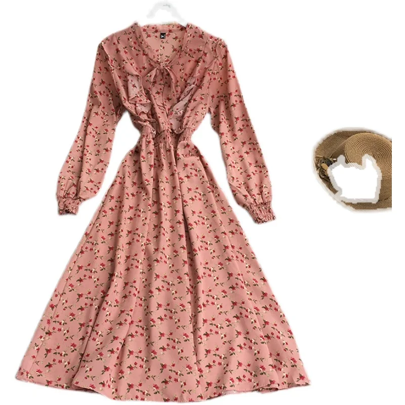 

of new fund of 2021 autumn French floral accept waist long sleeve chiffon dress show thin temperament big long skirt