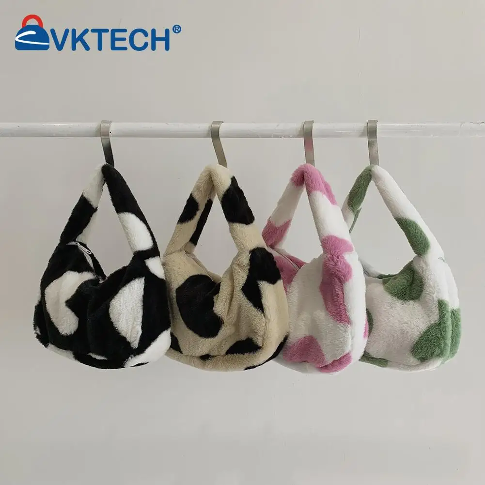 

Women Plush Fur Heart Pattern Single Shoulder Strap Handbag Winter Zipper Hit Color Casual Top-handle Bag Travel Bags