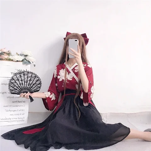

Hanfu female student suit plain jacket skirt maple leaf print pleated skirt spring and summer colors