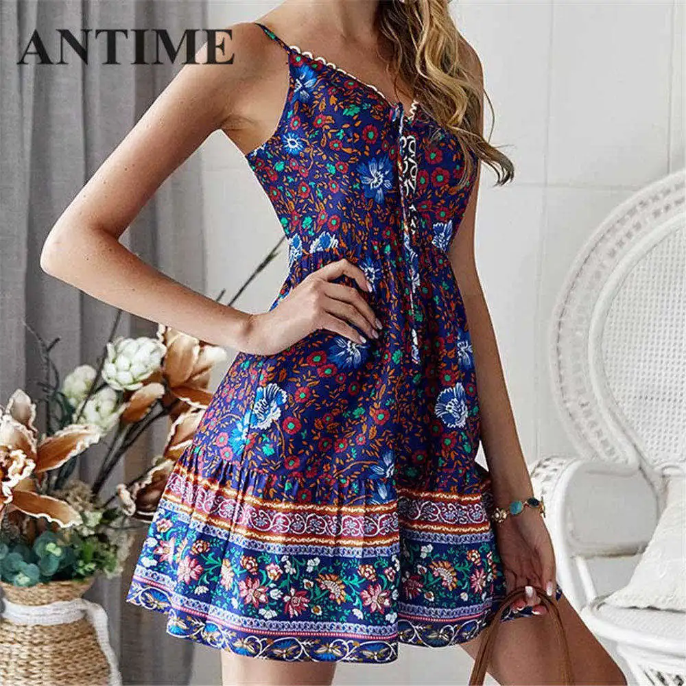 ANTIME Boho платье на бретельках женское летнее богемное ТРАПЕЦИЕВИДНОЕ ПЛАТЬЕ С v-образным вырезом на шнуровке повседневное Мини шифоновое платье без рукавов винтажное