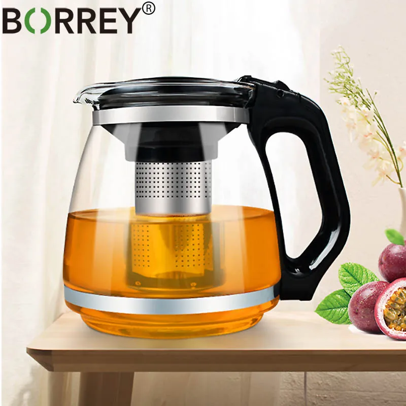 Стеклянный чайник BORREY 1500 мл термостойкий стеклянный цветочный большой
